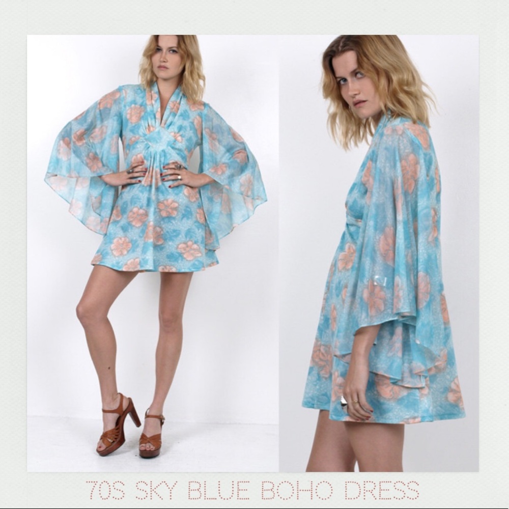 Vintage 70s Sky Blue Boho Dress